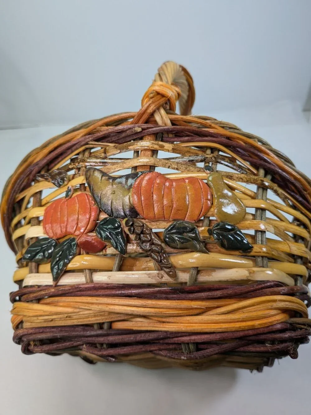 Vintage Fall Harvest Woven Basket Pumpkins Cornucopia Decor Overhead Handle
